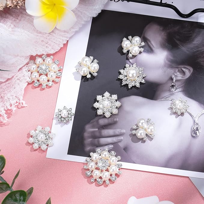 Hicarer 44 Pieces Pearl Rhinestone Buttons Rhinestone Faux Pearl Embellishments Brooch Alloy Floral Pendants for Jewelry Making Party Wedding Bridal Bouquet DIY Home Decoration(Silver)