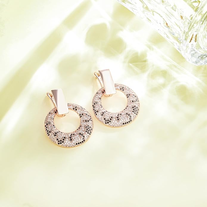 Rose Gold Hoop Earrings for Women, 925 Silver-Plated Thickened Hypoallergenic Earrings, CZ Black Gemstone-Inlaid Earrings - Women's Fashion Jewelry