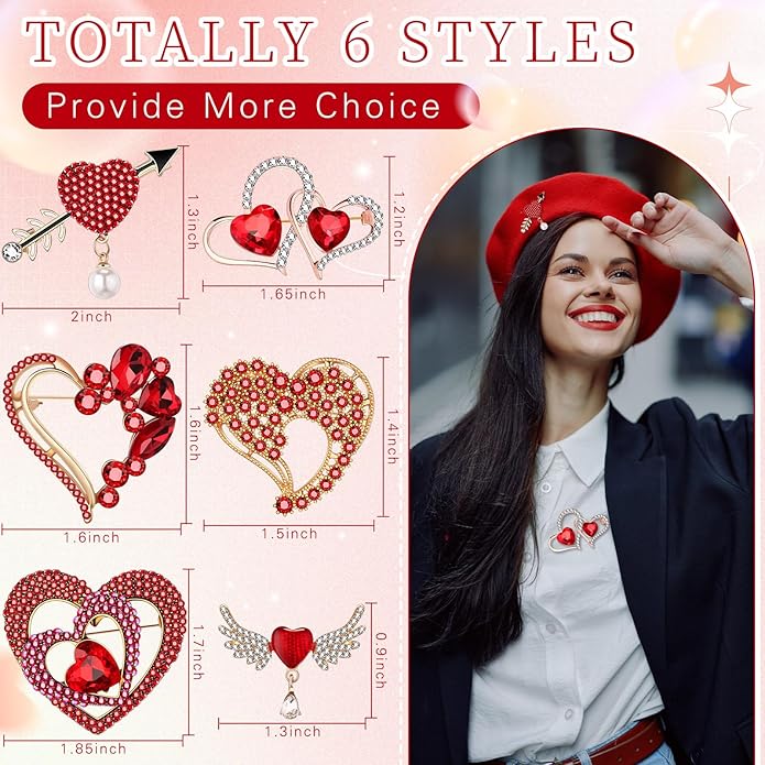 Junkin 6 Pcs Love Heart Brooch Pin Women Crystal Rhinestone Gift Hollow Lapel Crystal Brooch Pins for Girls Party Wedding Festivals Valentine's Day