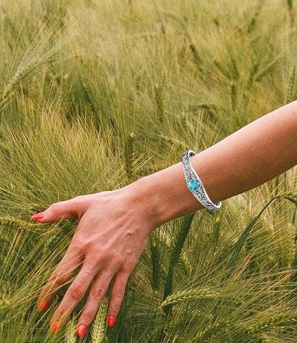 Genuine Turquoise Vintage Flower Bracelet Bangle, Sterling Silver Boho Adjustable Bangle Cuff Native American Jewelry for Women, Fit for 6.5 7 7.5 Inches