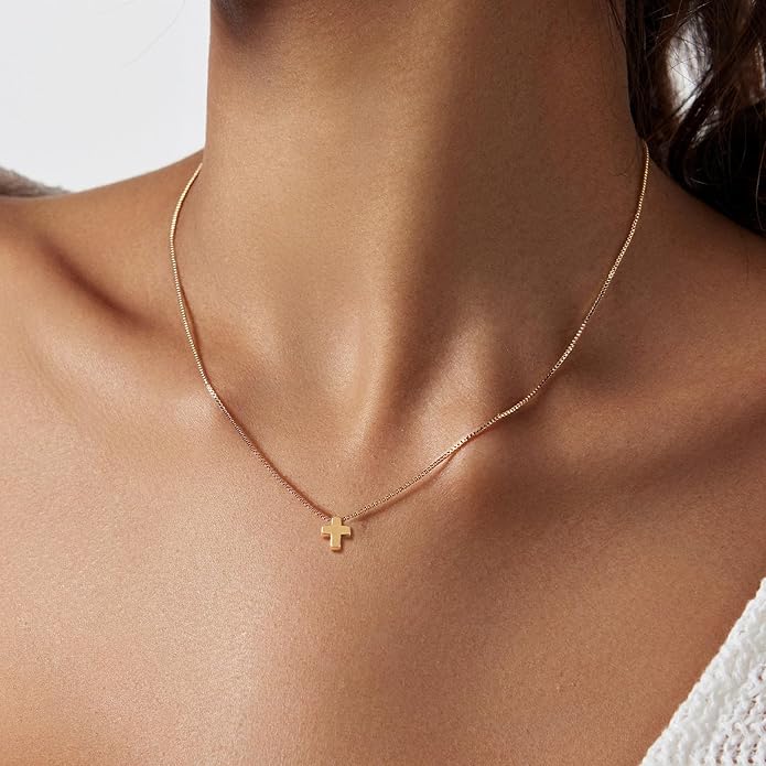 Partm Gold Cross Necklace for Women 14K Plated Dainty Pendant Cross Chain Faith Crucifix Choker Baptism Necklace for Women Trendy Religious Jewelry Hypoallergenic
