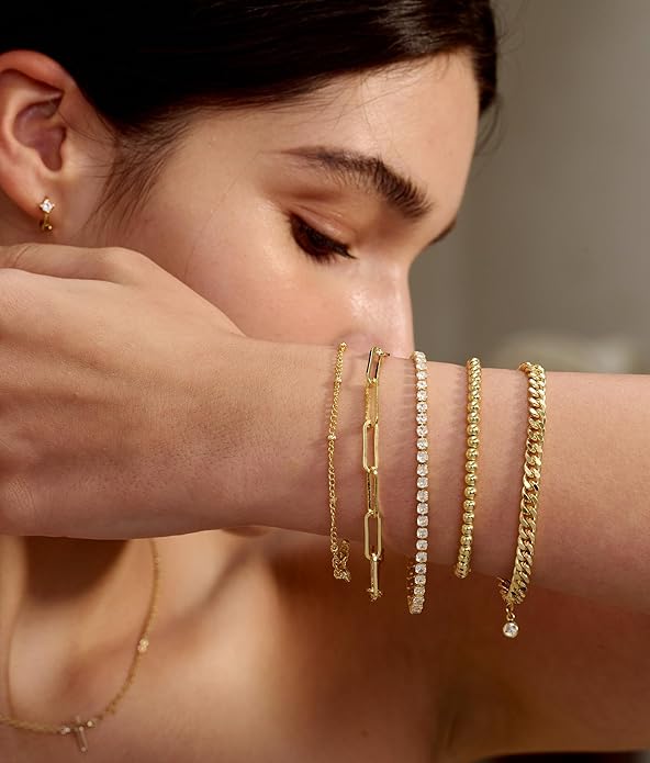 DEARMAY 14K Gold Plated Bracelets for Women, Jewelry Sets Cute Tennis Beaded Bracelets Cuban Link Paperclip Chain Dainty Bracelet Pack Gifts