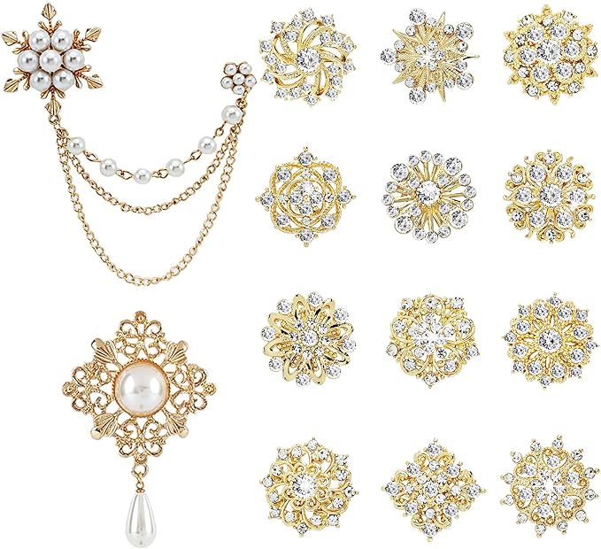 Yhsheen Gold Rhinestone Brooches Pin Kits Crystal Pearl Brooches for Bouquets for Wedding Decoration Accessories Jewelry Making Crafts(Gold-14PCS)-A