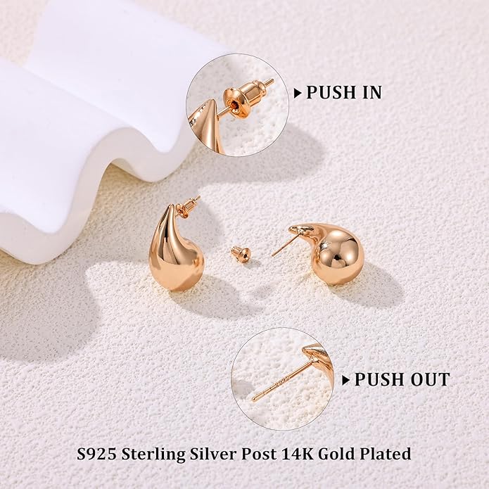 Gacimy Teardrop Earrings Dupes for Women 14K Gold Plated, Chunky Drop Earrings for Women with 925 Sterling Silver Post