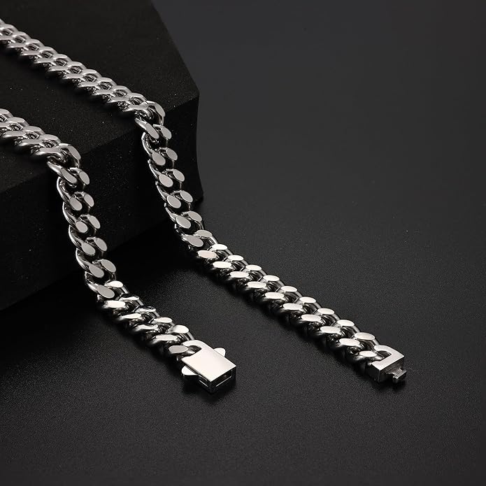 Fiusem Valentines Day Gifts for Him Silver Tone/Black/14K Gold Plated Chain Necklace for Men, 5mm/6mm/7.5mm/8mm/9mm Stainless Steel Cuban Link Chain Necklace, Men's Chains 18-28 Inch Jewelry Gifts