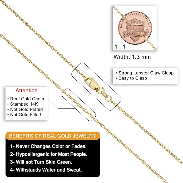 Kooljewelry Real 14k Yellow Gold Rope Chain Pendant Necklace for Women (0.7 mm, 0.9 mm, 1 mm, 1.3 mm, or 1.5 mm)