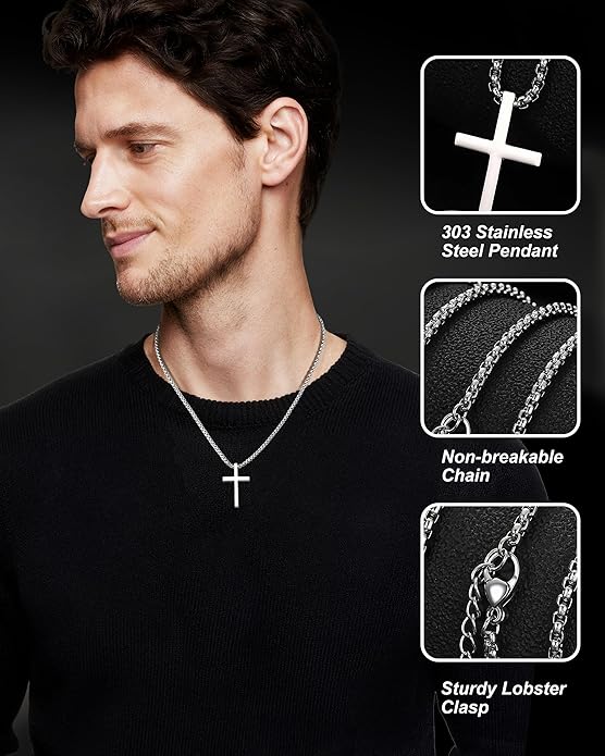 TEN MIRO Silver/Black Cross Necklace for Men Boy Stainless Steel Cross Pendant Necklace for Men Christian Religious Jewelry with Box & Card Birthday Anniversary Christmas Father's Day Gifts for Him