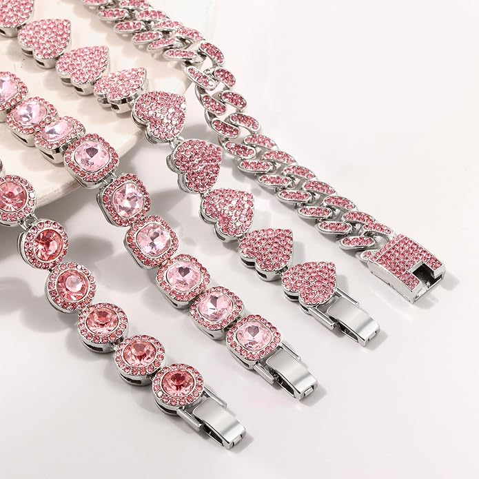 shopbyskyler 4PCS Gold Bracelets for Women Silver Clustered Tennis Bracelet for Women Heart Round Diamond Cuban Bracelet Layered Link Bracelet Set Fashion Jewelry for Women Set