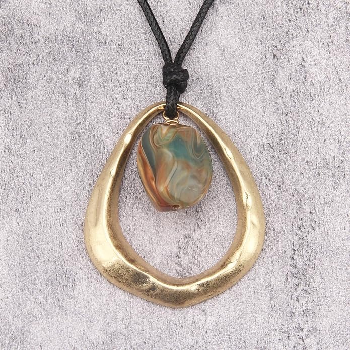 Long Boho Necklaces for Women Vintage Leather Wooden Pendant Y Choker Ethnic Style Gold Circle Hippie Sweater Necklace