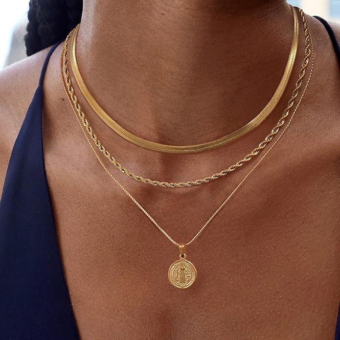 Gold/Silver Layered Necklaces for Women,Dainty 14k Gold Plated Stackable Choker Necklaces for Women,Trendy Layering Coin Chain Pendant Jewelry Set Gifts