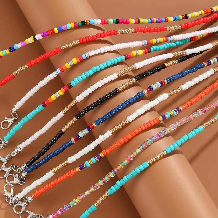 XIJIN 8Pcs Handmade Beaded Anklets for Women Boho Colorful Beads Ankle Bracelets Adjustable Foot Anklet Set