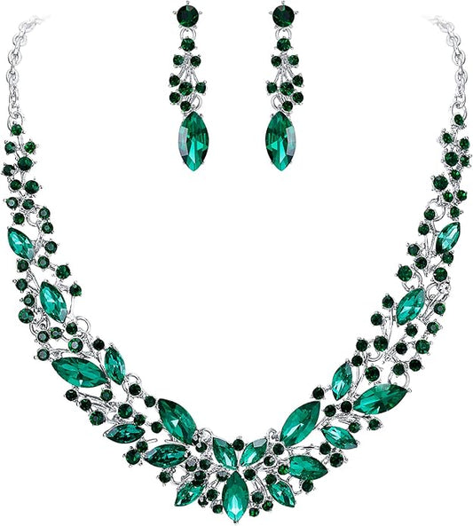 BriLove Women's Wedding Bridal Austrian Crystal Marquise Cluster Collar Necklace Dangle Earrings Set