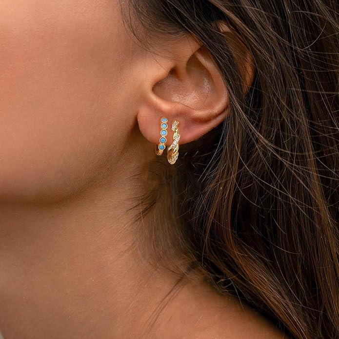 Gold Huggie Hoop Earrings 14K Gold Plated Dainty Chunky Thick Hoop Diamond Cubic Zriconia Inlay Sleeper Tiny Delicate Boho Beach Simple Hypoallergenic Jewelry Gift for Her