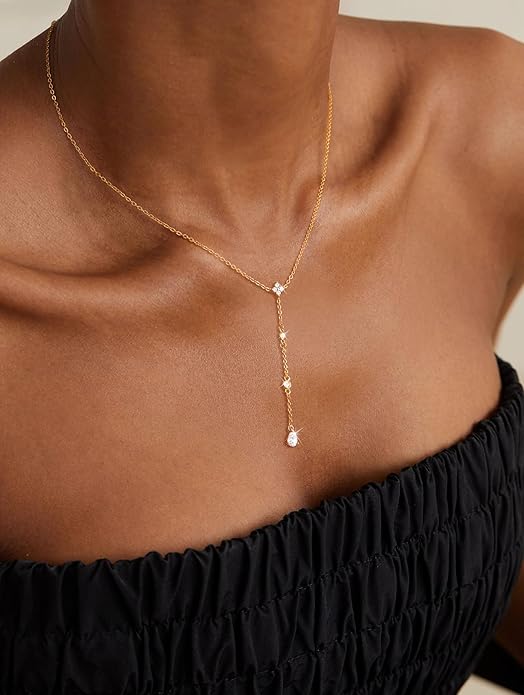 CHESKY Lariat Gold Necklace for Women Trendy, Dainty Long Necklace 14k Gold Plated/Silver Y-Shaped Pendant Necklace Layered Cz Beaded Chain Drop Necklaces Simple Gold Jewelry For Women Gift