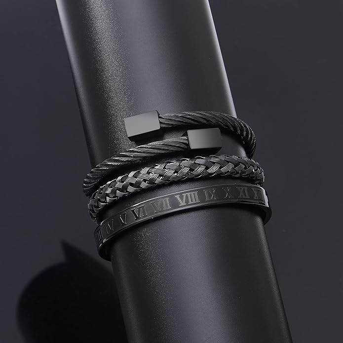 WFYOU 3PCS Stainless Steel Bracelets for Men Gold Roman Numeral Bangle Bracelet Twisted Cable Bracelet Adjustable Cuff Bracelet Mens Luxury Jewelry Bracelets Gifts