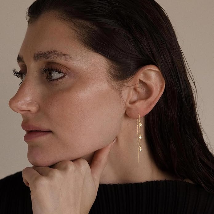 14K Gold Plated Dangle Earrings for Women - Dainty, Trendy, Hypoallergenic CZ Drop Earrings - Simple Long Dangling Jewelry