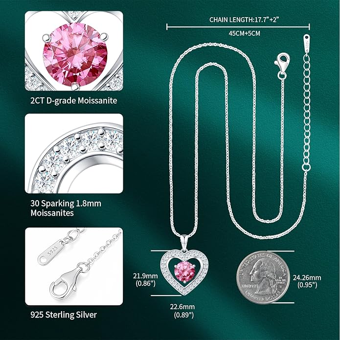 31-Stone Birthstone Heart Necklace for Women | 2ct Moissanite & 30 Sparkling Accents | Valentine's Day, Birthday,Mother's Day, Christmas Gift for Wife, Mother, Girlfriend
