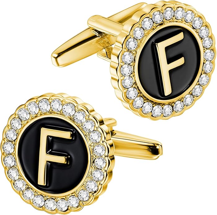 HAWSON A-Z Initial Cufflinks for Men and Women with Clear Crystal, Gold Silver Color Rasied Letter A-Z Cuff Links for French Shirt, Gift for Normal and Business Wearing