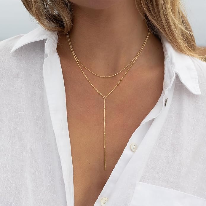Lariat Necklace for Women, Dainty 14K Gold/Silver Plated Long Necklaces for Women Trendy Simple Layered Y-Shaped Drop Pendant Necklace Adjustable Gold Jewelry Gifts For Her Christmas Stocking Stuffer