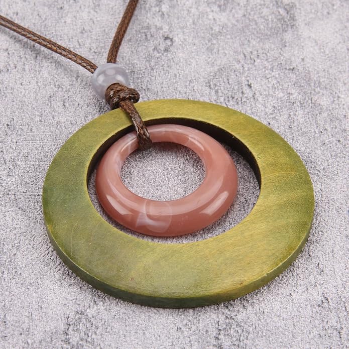 Long Boho Necklaces for Women Vintage Leather Wooden Pendant Y Choker Ethnic Style Gold Circle Hippie Sweater Necklace