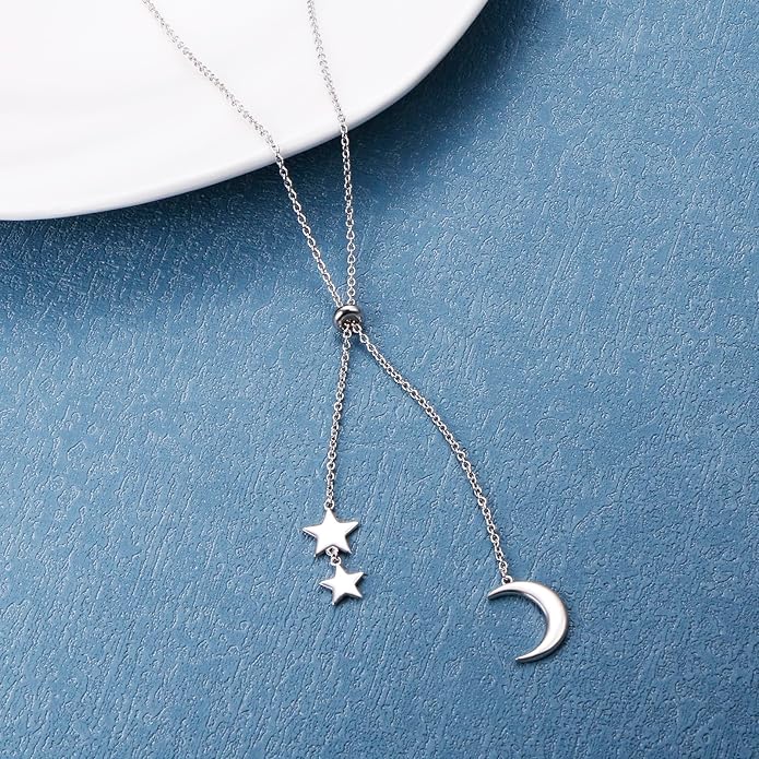 Long Chain Dainty Necklace Simple Style 925 Sterling Silver Star Moon Pendant Adjustable Y Shaped Necklace Jewelry for Women