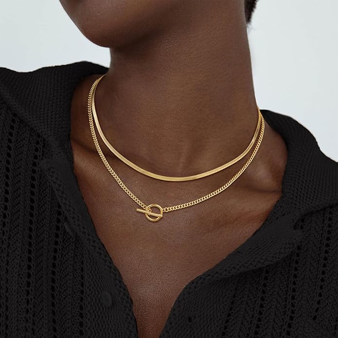 CHESKY 14K Gold Plated Layered Herringbone Necklaces for Women, Trendy Paperclip Snake Chain Necklace Cuban Link Simple Chunky Toggle Clasp Necklace Set Fashion Jewelry
