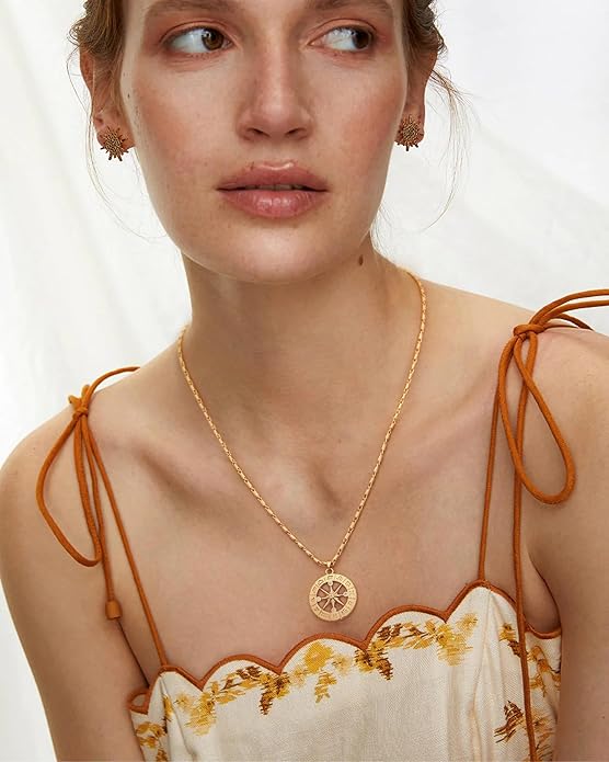 CANEVINKA 18K Gold Plate Coin Pendant Necklace for Women Dainty Compass Sunflower Necklaces Personalized Chain Layered Jewelry