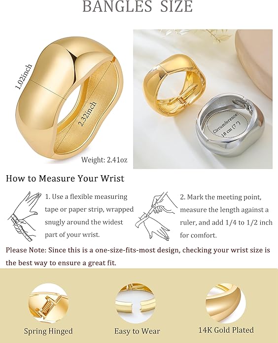 Bangle Bracelets for Women | 14K Gold Plated Trendy Wide Bracelets | Hinged Arm Cuff Bangles Chunky Bracelet for Women