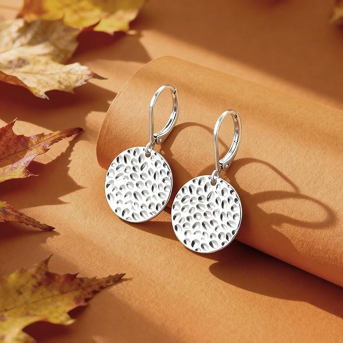 ALEXCRAFT 925 Sterling Silver Dangle Earrings for Women, 14K Gold Plated Geometric Flat Round Disc Hammered Coin Drop Earring Hypoallergenic Lightweight Leverback Earrings for Women Trendy Jewelry
