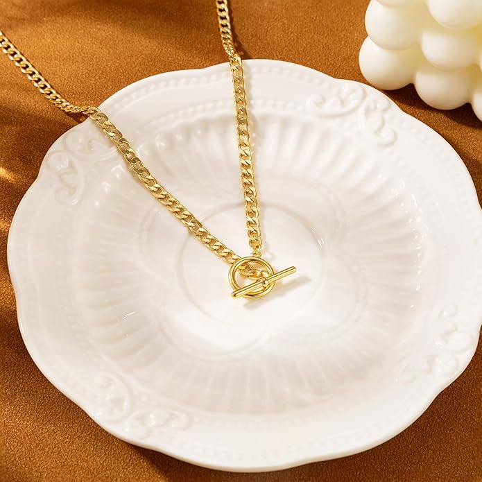 Gold Plated Necklaces for Women - Dainty Layered 14K Gold Plated Stack Paperclip Rope Cuban Toggle Link Chain Choker Necklace Set Chunky Trendy Jewelry Gift
