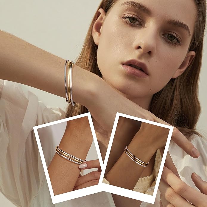 QOBEBOTA Stackable Bangles Bracelets for Women Trendy 18K Gold Plated Stainless Steel Non Tarnish Mixed Metal Bracelet Stack Triple Interlocked Two Tone Jewelry Set Gold and Silver Bracelets for Women