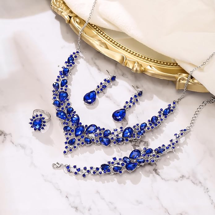 BriLove Wedding Bridal Jewelery for Women Austrian Crystal Teardrop Cluster Statement Necklace Dangle Earrings Link Bracelet Set