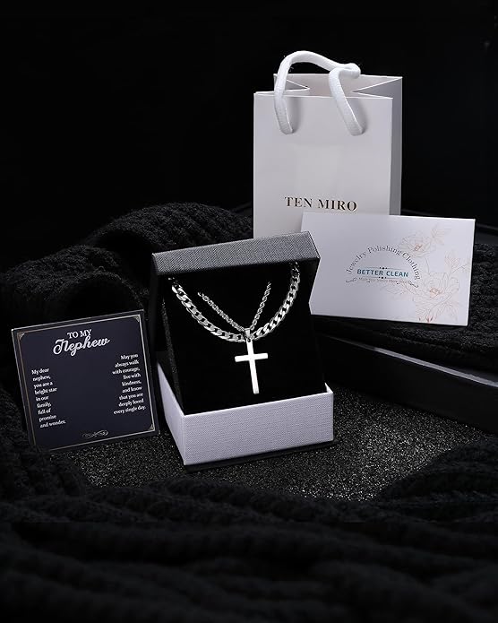 TEN MIRO Silver/Black Cross Necklace for Men Boy Stainless Steel Cross Pendant Necklace for Men Christian Religious Jewelry with Box & Card Birthday Anniversary Christmas Father's Day Gifts for Him