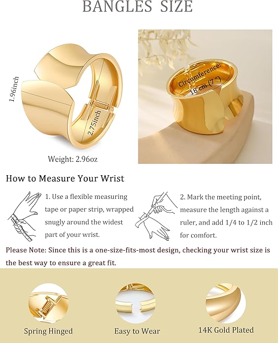 Bangle Bracelets for Women | 14K Gold Plated Trendy Wide Bracelets | Hinged Arm Cuff Bangles Chunky Bracelet for Women