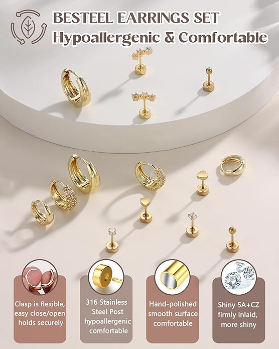 Hypoallergenic 14K Gold Plated Hoop Stud Earrings for Women Surgical Stainless Steel Flat Back Earrings Lightweight Small Chunky Huggie Hoops Cartilage Earring Stacks for Multiple Piercing Women Gifts