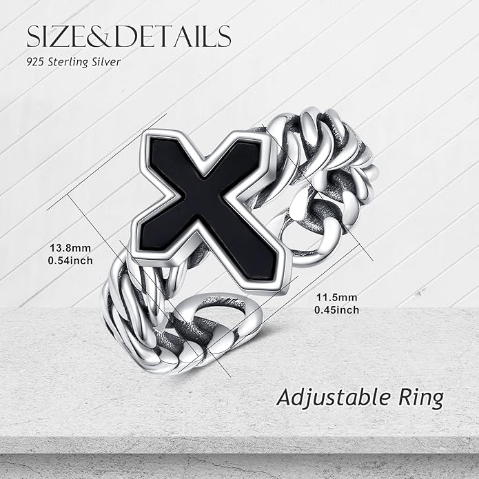 925 Sterling Silver Vintage Oxidized Style Black Onyx Adjustable Ring Casual Jewelry Gifts for Women