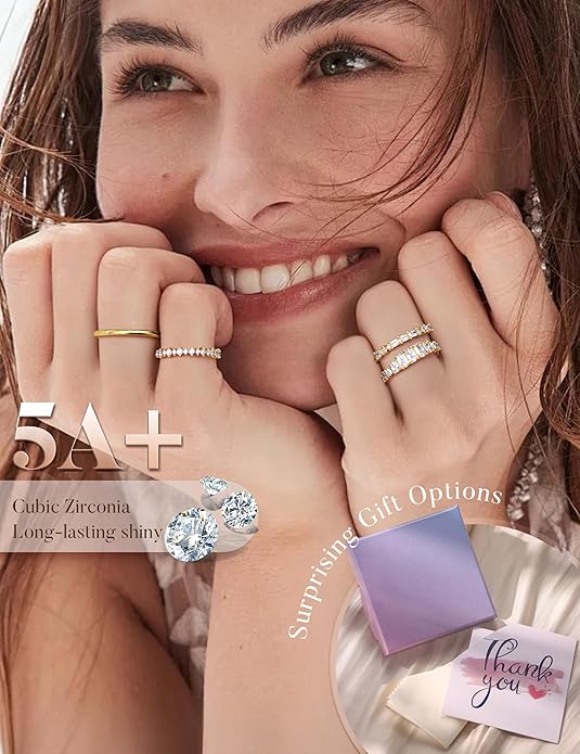 LOLIAS 14K Gold Plated Stackable Rings for Women Non Tarnish - Dainty Cubic Zirconia Wedding Bands Ring Set Minimalist Trendy Statement Engagement Promise Thumb Rings Stacking Size 5-10