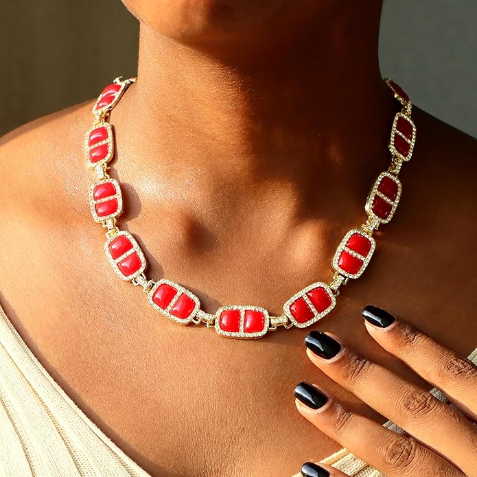 Chunky Necklace for Women 12 Colors Diamond Stone Gold Statement Necklace for Women Full Trendy Blue Birthstone Choker Necklace for Women Square Design Necklace Jewelry