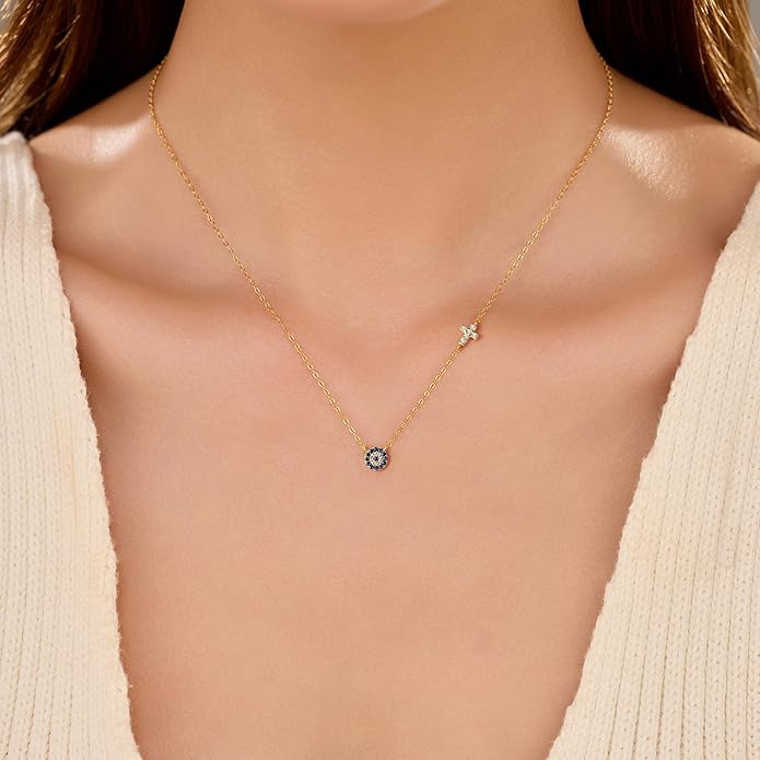 SUYACS Gold Evil Eye Necklaces for Women 925 Sterling Silver Small Cross Pendant Necklace Blue Cubic Zirconia Eye Charm Chain Christian Baptism Religious Faith Jewelry Christmas Gifts for Mom