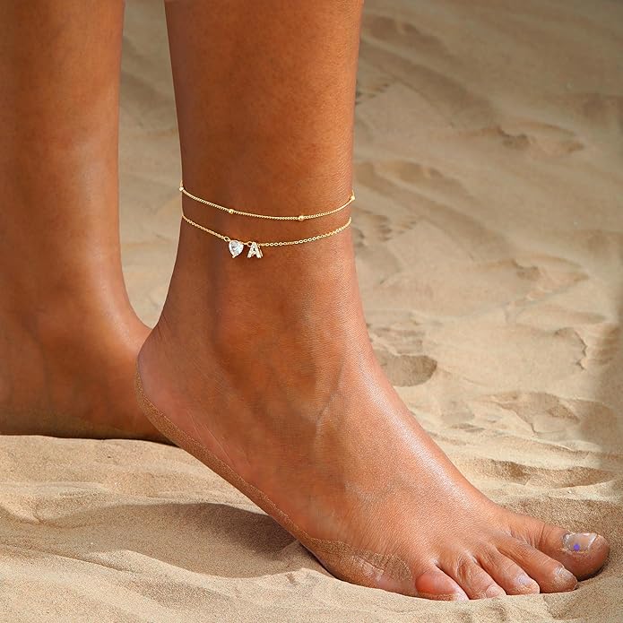 CAROVO Gold Ankle Bracelets for Women Waterproof 14K Real Gold Plated CZ Initial Anklet for Women Dainty Layered Letter A-Z Heart Ankle Bracelets Handmade Adjustable Anklet Summer Beach Jewelry