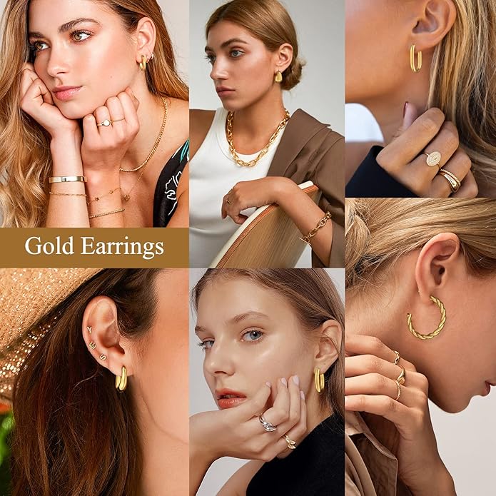 6 Pairs Gold Hoop Earrings Set for Women, Hypoallergenic 14K Gold Chunky Earrings, Lightweight Small Thin Cute Dainty Trendy Clip On Jewelry Gifts for Womens for Multiple Piercing (Gold & Silver)