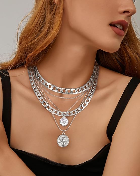 MJartoria Layered Necklaces for Women Trendy Retro Coin Pendant Necklace Dainty Chunky Chain Choker Necklaces for Jewelry Birthday Gifts