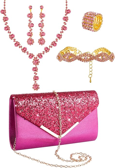 Henoyso 5 Pcs Purse Rhinestone Jewelry Set Prom Jewelry Rhinestone Clutch Purse Necklace Earrings Bracelets for Women Bride