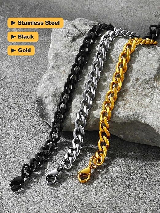 U7 Link Bracelets for Men, Cuban Link/Rope/Watch Band Solid Bracelet, Silver Black Gold Color Wrist Bracelet 3/6/9/12/15mm Width, 6.5/7.5/8.3 Inch Length, Hand Chain Jewelry for Mens Women