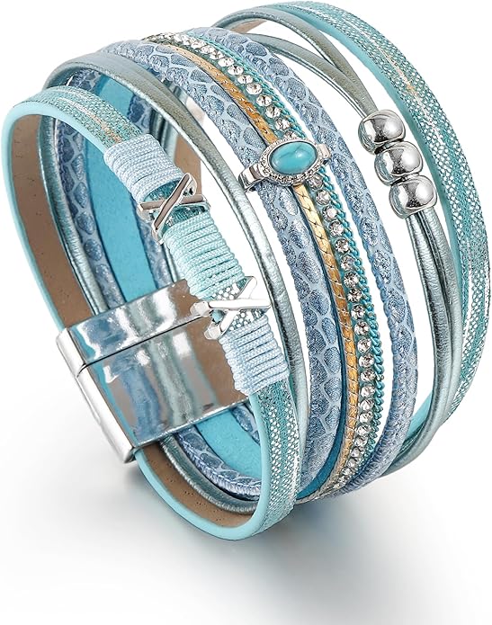 Edoneery Leather Wrap Bracelet for Women, Boho Handmade Multi-Layer Cuff with Crystal Beads Heart, Stackable Bangle Western Jewelry Gift