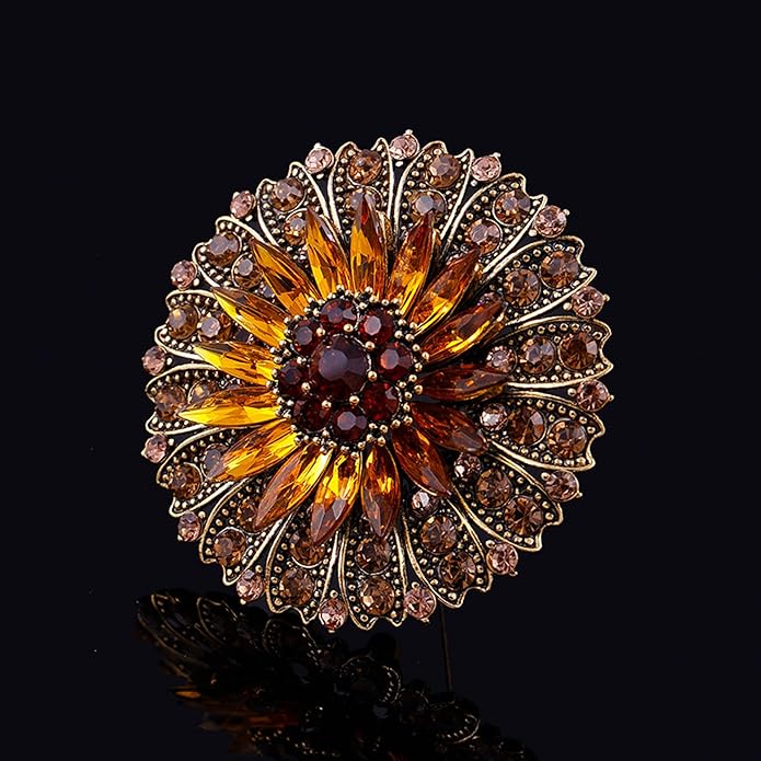 Rhinestone Crystal Flower Brooch for Women - Sparkling Large Sunflower Brooch with Vintage Floral Design - Elegant Lapel Pin for Wedding, Bridal Dresses, Jackets & Scarves