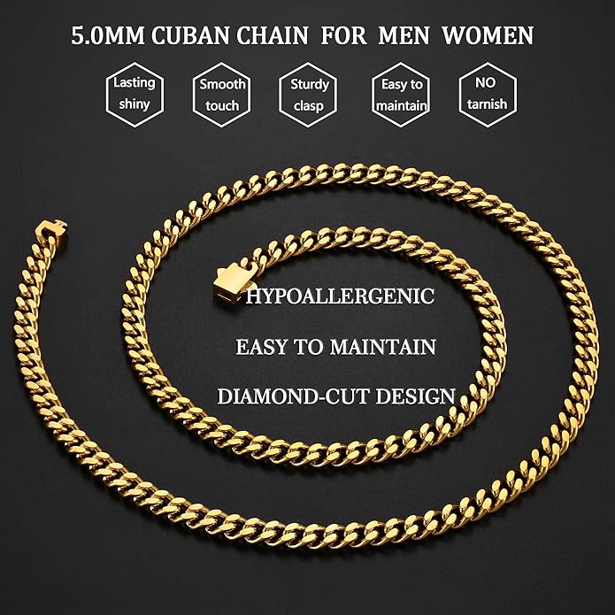 Fiusem Valentines Day Gifts for Him Silver Tone/Black/14K Gold Plated Chain Necklace for Men, 5mm/6mm/7.5mm/8mm/9mm Stainless Steel Cuban Link Chain Necklace, Men's Chains 18-28 Inch Jewelry Gifts