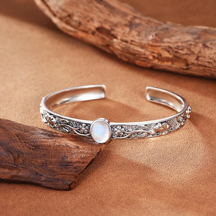 Moonstone Elephant Cuff Bracelet, Handmade Sterling Silver Boho Jewelry, Gift of Wisdom and Good Luck for Women