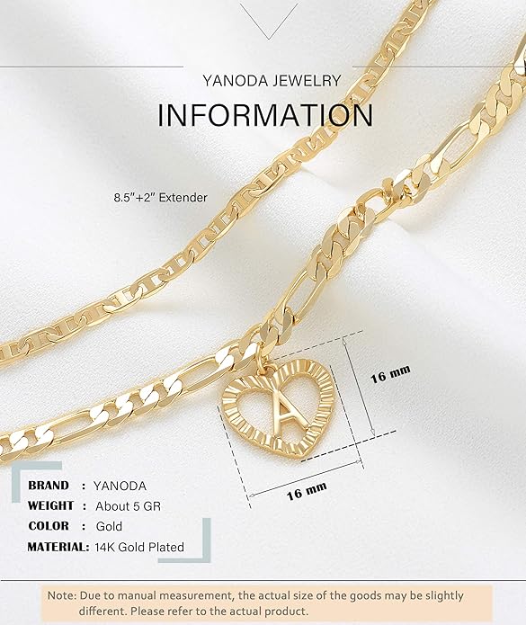 YANODA Initial Ankle Bracelets for Women 14K Gold Plated Layered Figaro Chain Letter Initial Anklets Handmade Layered Heart Ankle Bracelets Personalized Jewelry for Women