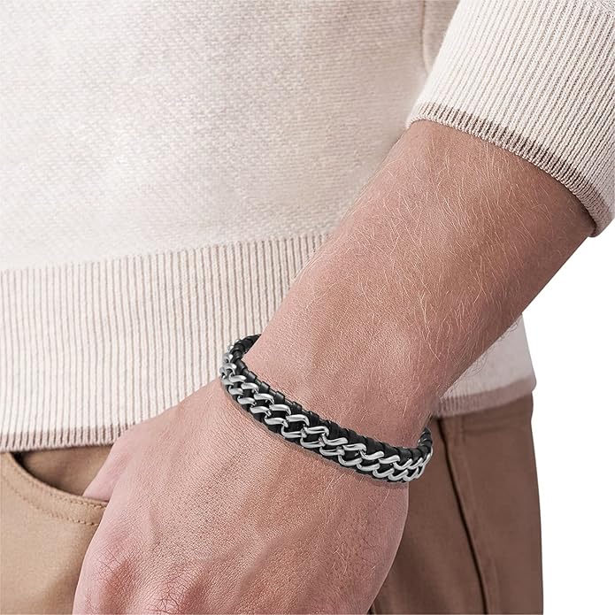 Men's Braided Genuine Leather Link Steel Chain Bracelet
